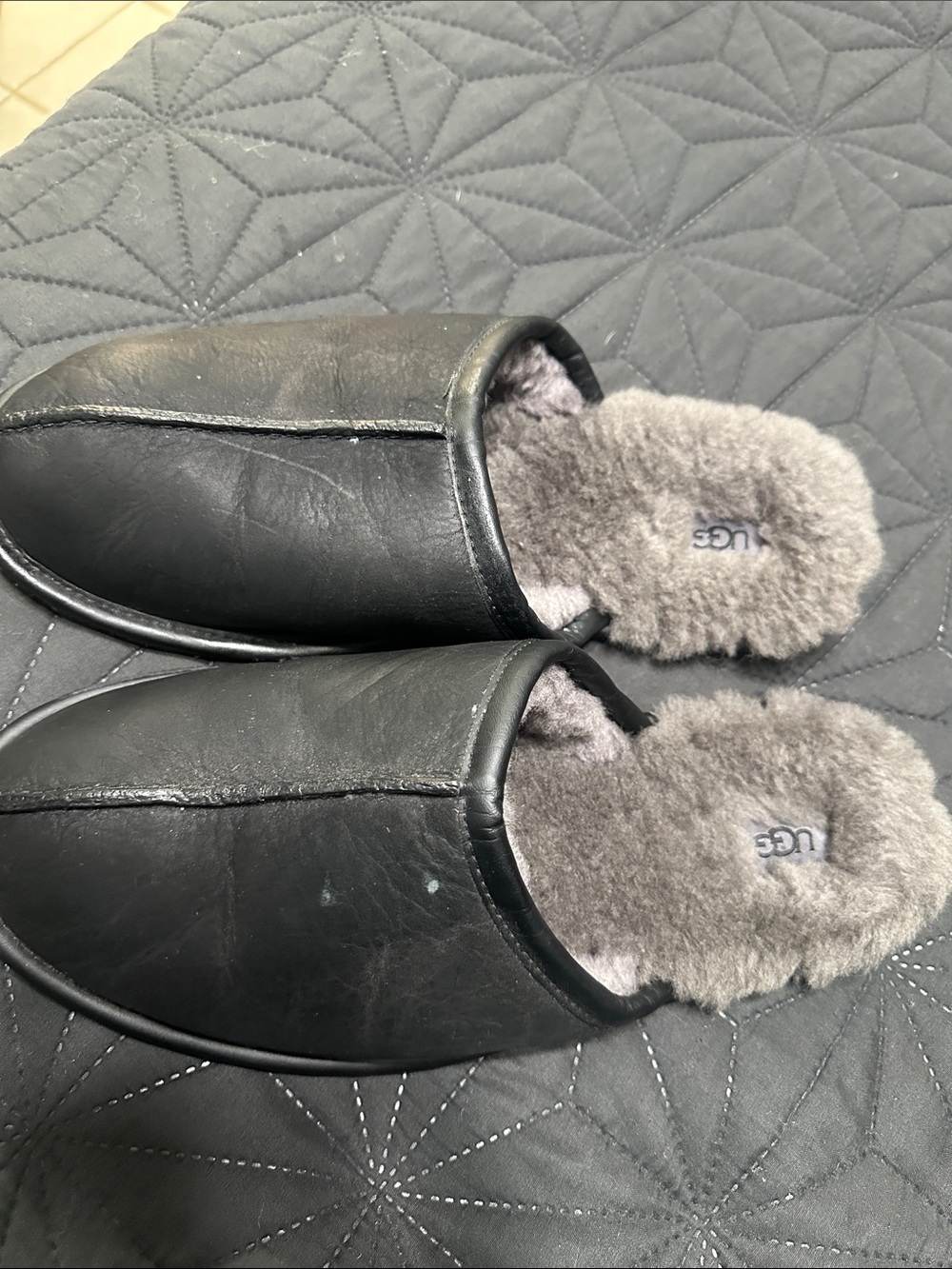 UGG Black Leather Women's Slip-On Slippers with Gray Sheepskin Lining